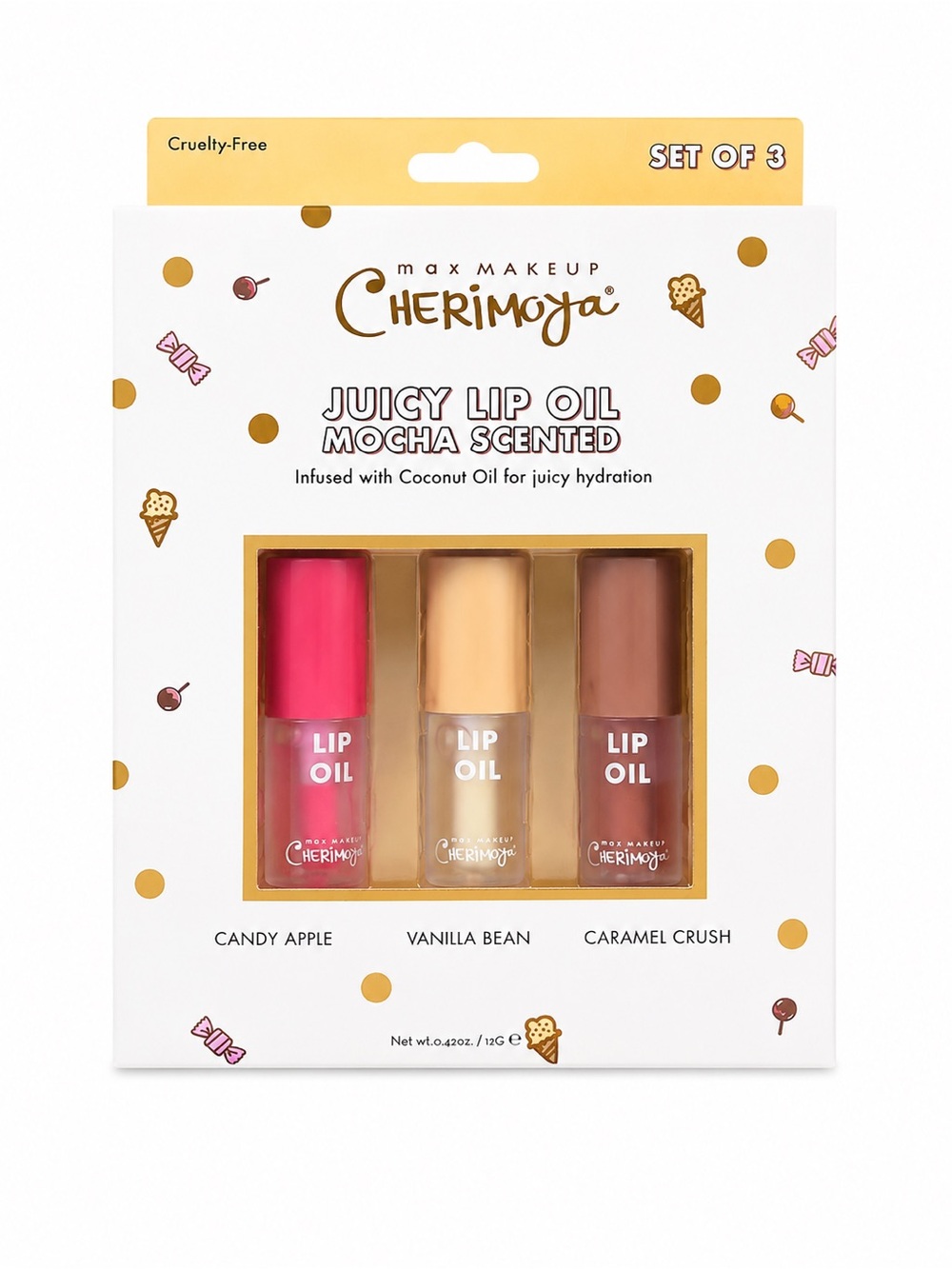 Cherimoya Juicy Lip Oil Set of 3 Mocha Scented Hydrating Gloss Gift Beauty